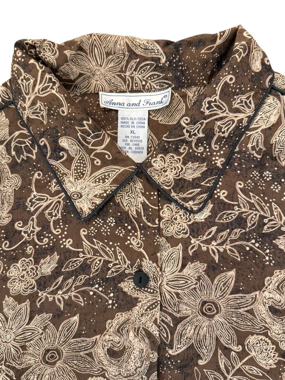 Vintage Anna & Frank Silk Paisley Floral Blouse XL Brown Tan Contrast Piping - Picture 9 of 15